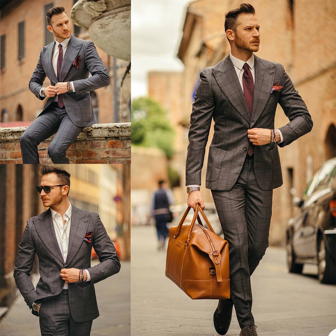 Costume 2 pièces classique à carreaux en laine pour homme, coupe slim, pour bal de promo, mariage (veste et pantalon) 