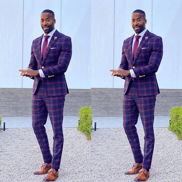 Elegant Slim Fit Purple Plaid Tuxedo Blazer and Pants Set for Men - Vintage British Style Smart Casual Outfit