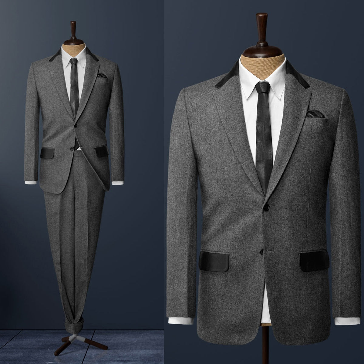 Classic Slim Fit Men Suits With Leather Pocket Two-Pieces Coat And Pant Custom Made Bridegroom Wedding Formal Occasion