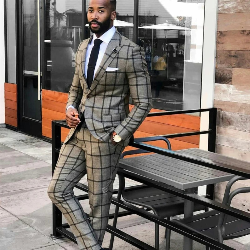 Classic Smoky Gray Check Mens Suits 2 Pieces Groom Best Man Pants Suit Business Wedding Tailored Blazer Jacket (Jacket+Pants)