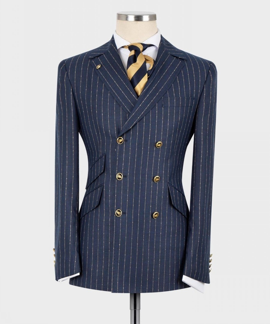 Classic Striped Men's Suits Double Breasted Wedding Groomsman Tuxedo 2 pcs Blazer Pants Formal Business Wear Prom Party Suit