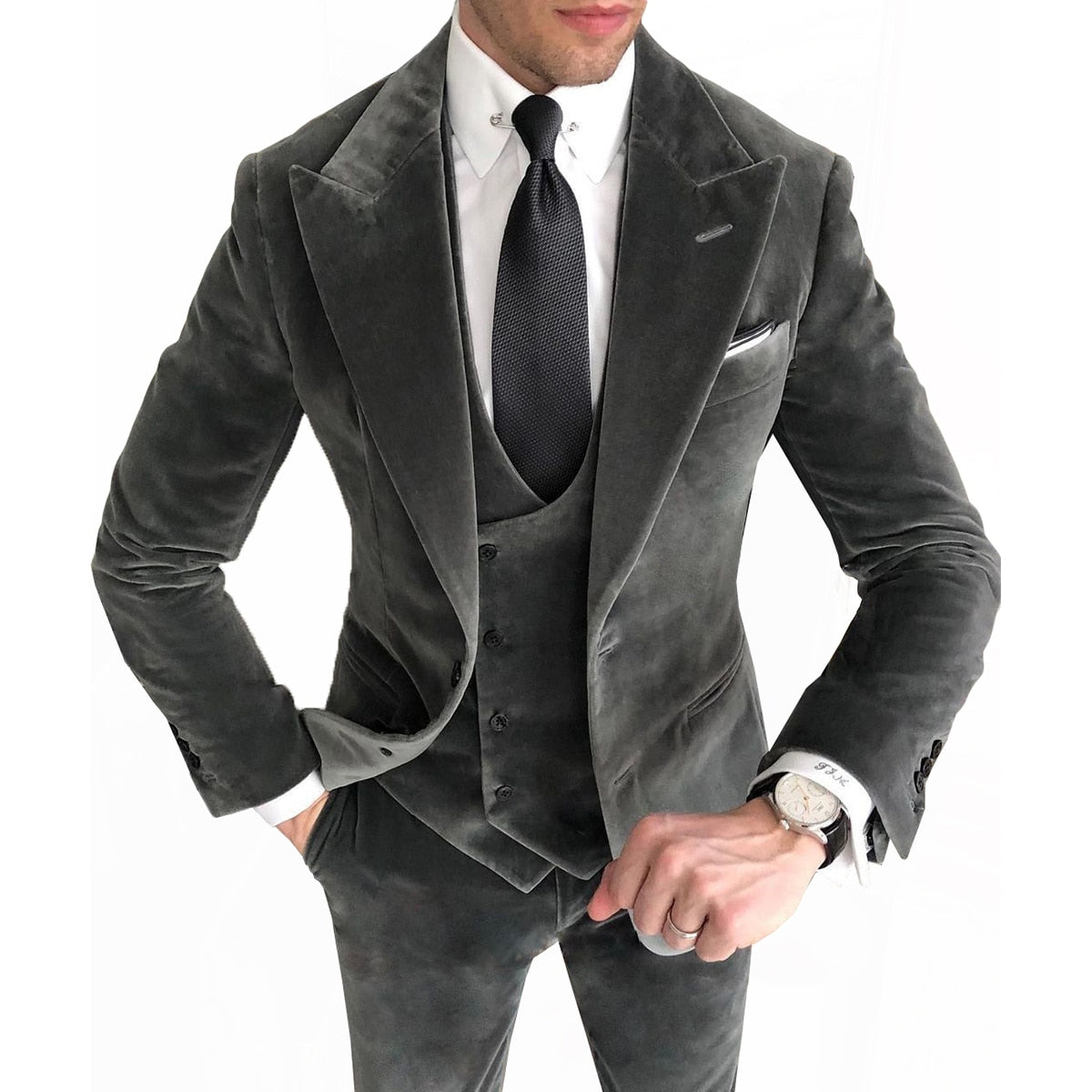 Costumes de mariage classiques pour hommes, smokings deux pièces en daim gris avec col et fermeture, costume d'occasion d'affaires de haute qualité fabriqué 