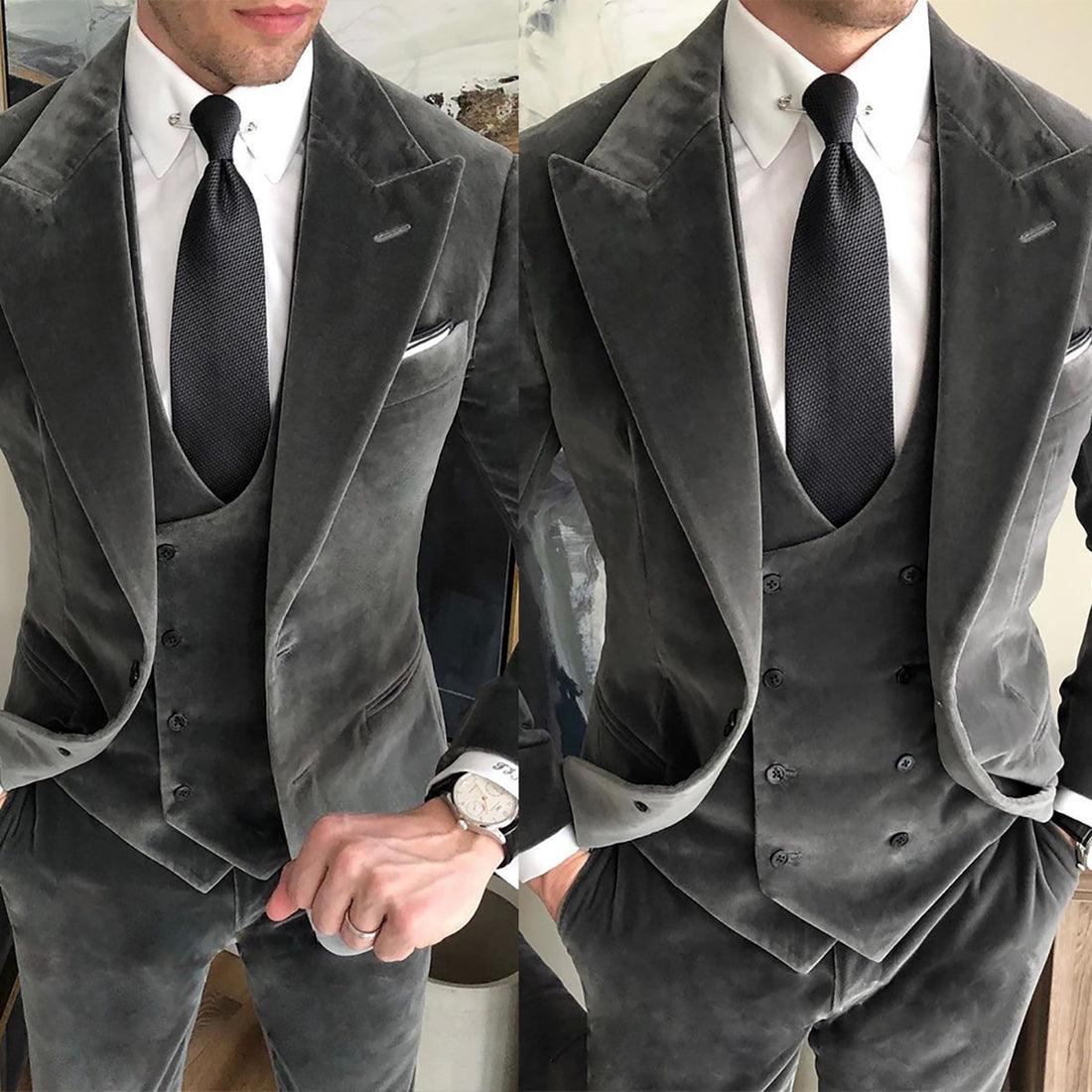 Costumes de mariage classiques pour hommes, smokings deux pièces en daim gris avec col et fermeture, costume d'occasion d'affaires de haute qualité fabriqué 