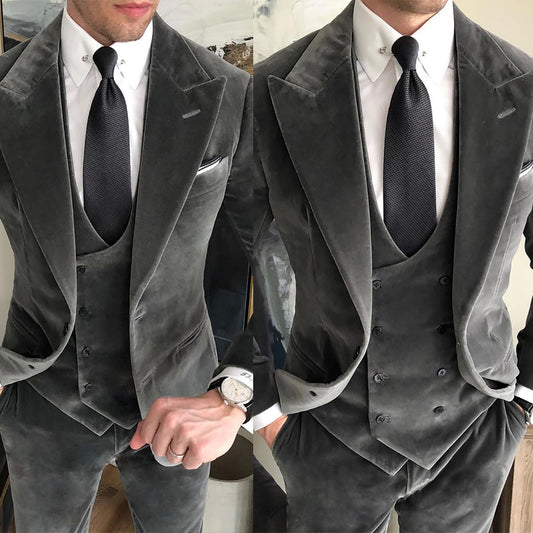 Classic Wedding Men Suits Grey Suede Closure Collar There-piece Tuxedos for Men High Qualit Business Occasion Costume Made