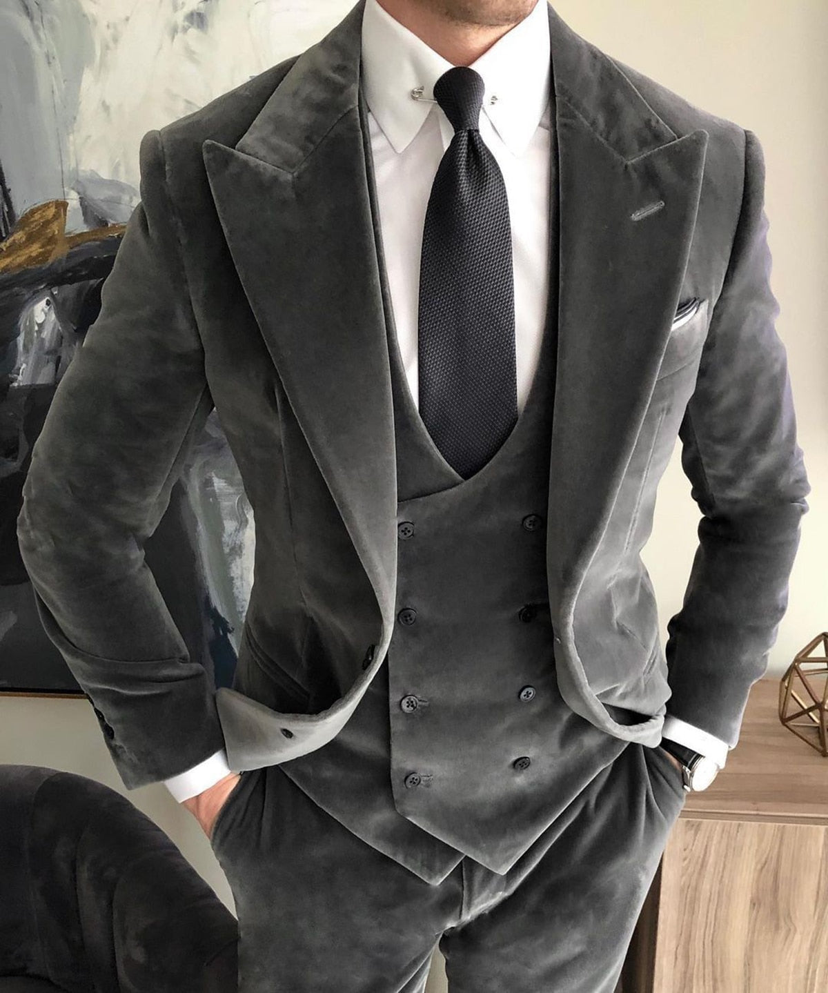Costumes de mariage classiques pour hommes, smokings deux pièces en daim gris avec col et fermeture, costume d'occasion d'affaires de haute qualité fabriqué 