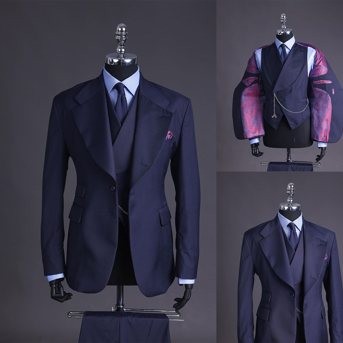 Trajes de boda clásicos para hombre, esmoquin plano a medida, 3 piezas, chaqueta, chaleco, pantalón, blazer, fiesta, cantante, novio, traje hecho a medida. 