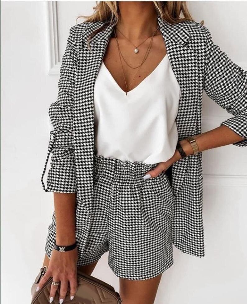 Traje clásico blanco y negro a cuadros para madre de la novia, pantalones cortos, esmoquin para fiesta de noche, ropa formal de trabajo para boda 