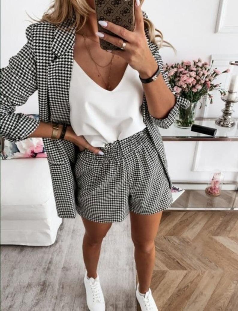 Traje clásico blanco y negro a cuadros para madre de la novia, pantalones cortos, esmoquin para fiesta de noche, ropa formal de trabajo para boda 