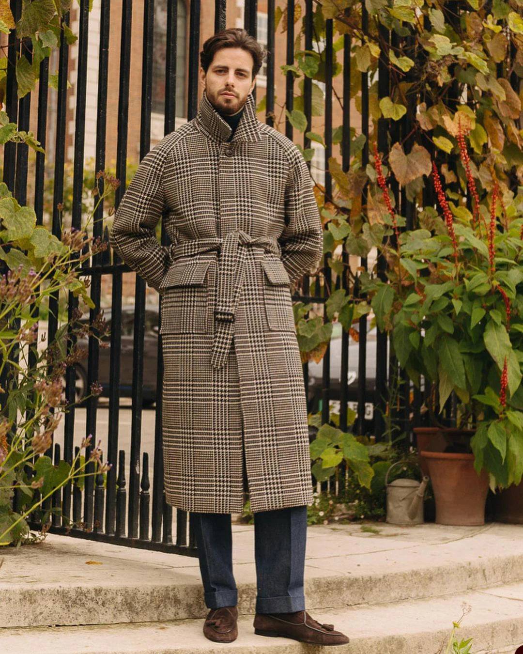 Classic Winter England Style Woolen Overcoat Men Thick Custom Made Check Coat with Belt Casual Warm Coat