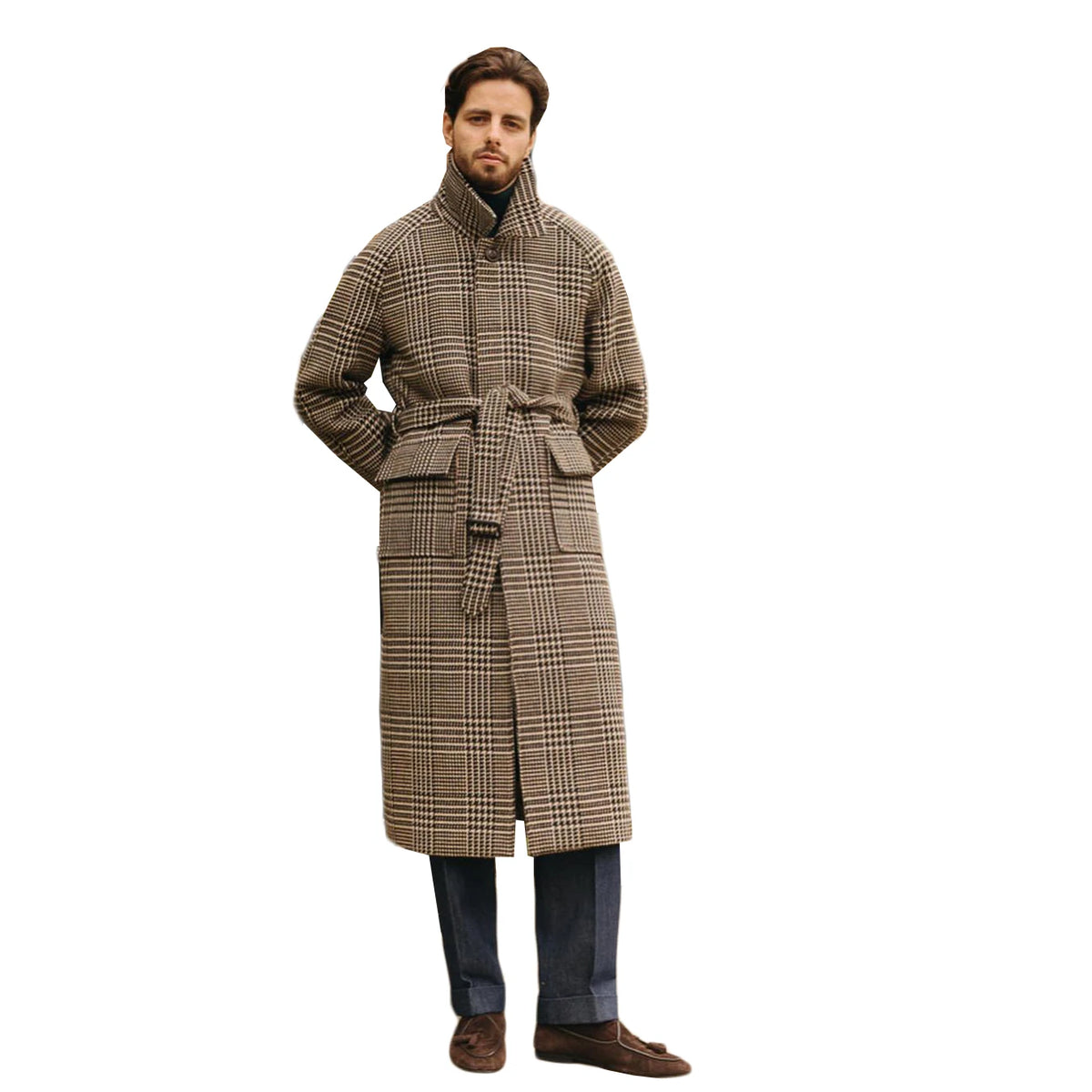 Classic Winter England Style Woolen Overcoat Men Thick Custom Made Check Coat with Belt Casual Warm Coat
