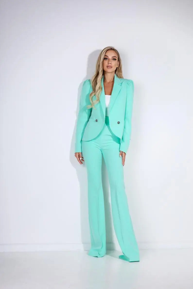 Chic Mint Green Women's Blazer and Flared Pants Set - Stylish Office Wear for Modern Women