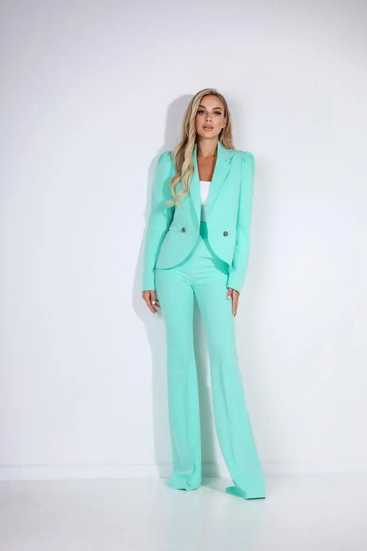 Chic Mint Green Women's Blazer and Flared Pants Set - Stylish Office Wear for Modern Women