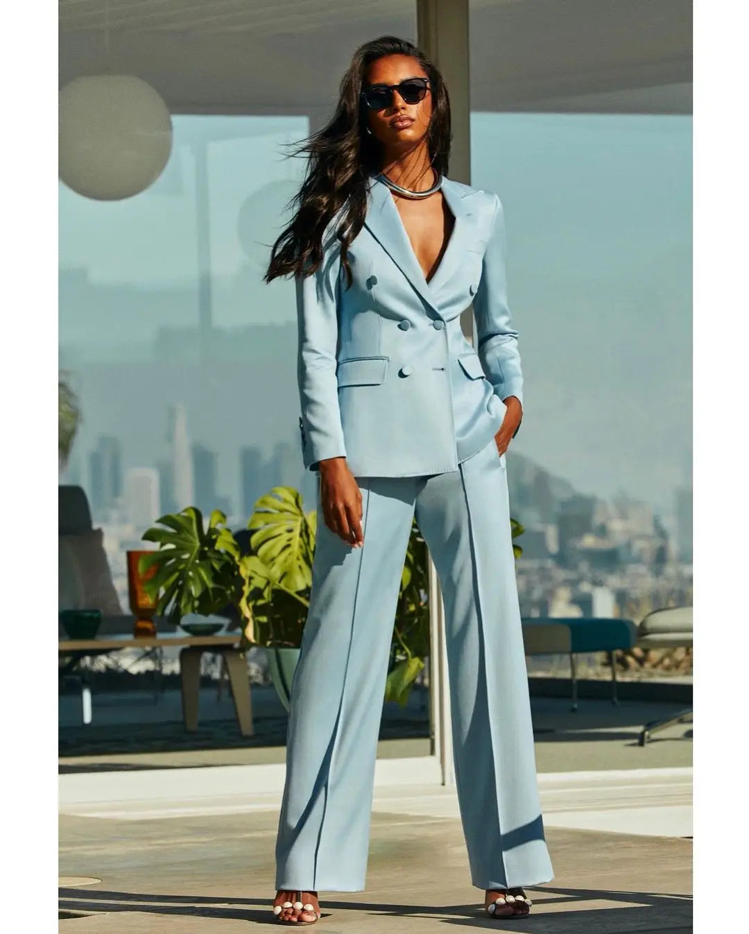 Costume blazer classique pour jeune femme, 2 pièces, croisé, revers pointus, veste ample, pantalon large sur mesure, robe décontractée