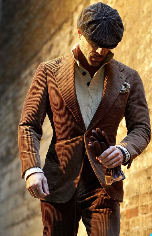 Coffee Corduroy Mens Pants Suits Winter Warm Peaked Lapel Groom Party Blazer Business Wear Coat(Jacket+Pants)