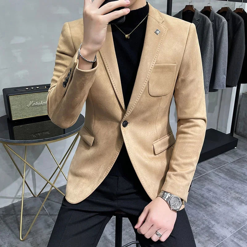 Chaqueta de traje informal de un solo botón color camello de corte entallado para hombre