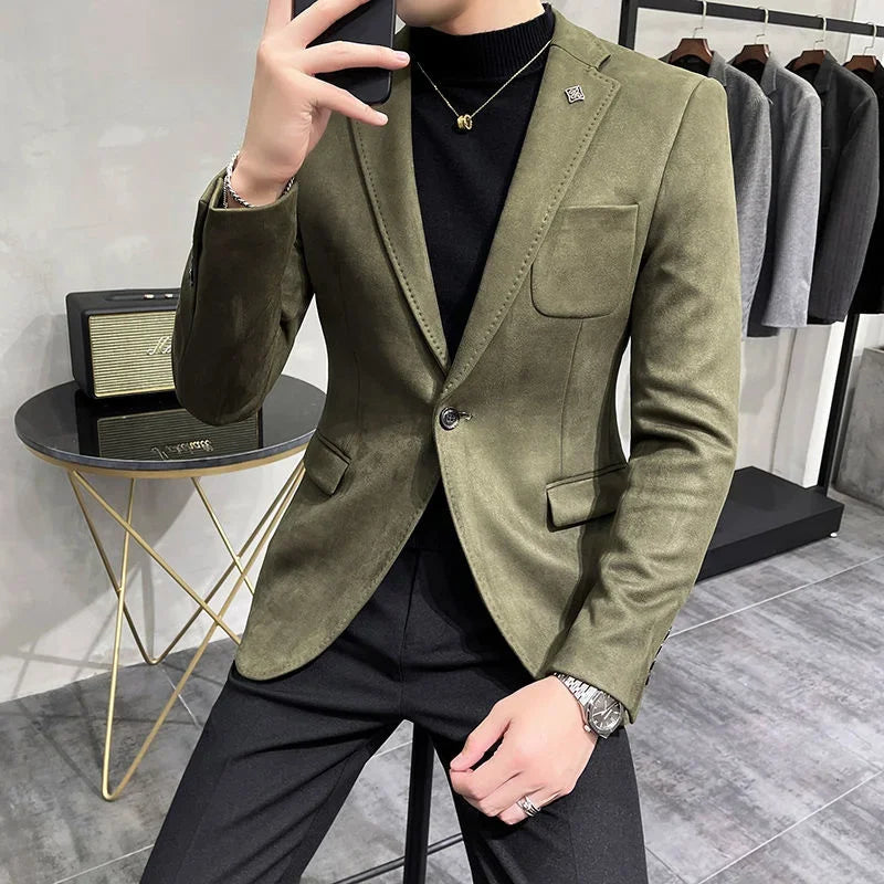 Chaqueta de traje informal de un solo botón color camello de corte entallado para hombre