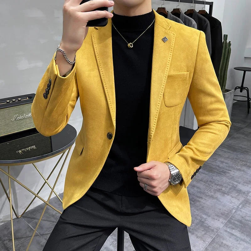 Chaqueta de traje informal de un solo botón color camello de corte entallado para hombre