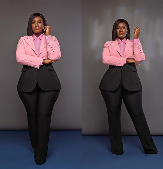 Trajes de madre de la novia a juego de colores rosa y negro para mujer, para fiesta formal de noche, trabajo, blazer de talla grande, 2 piezas 