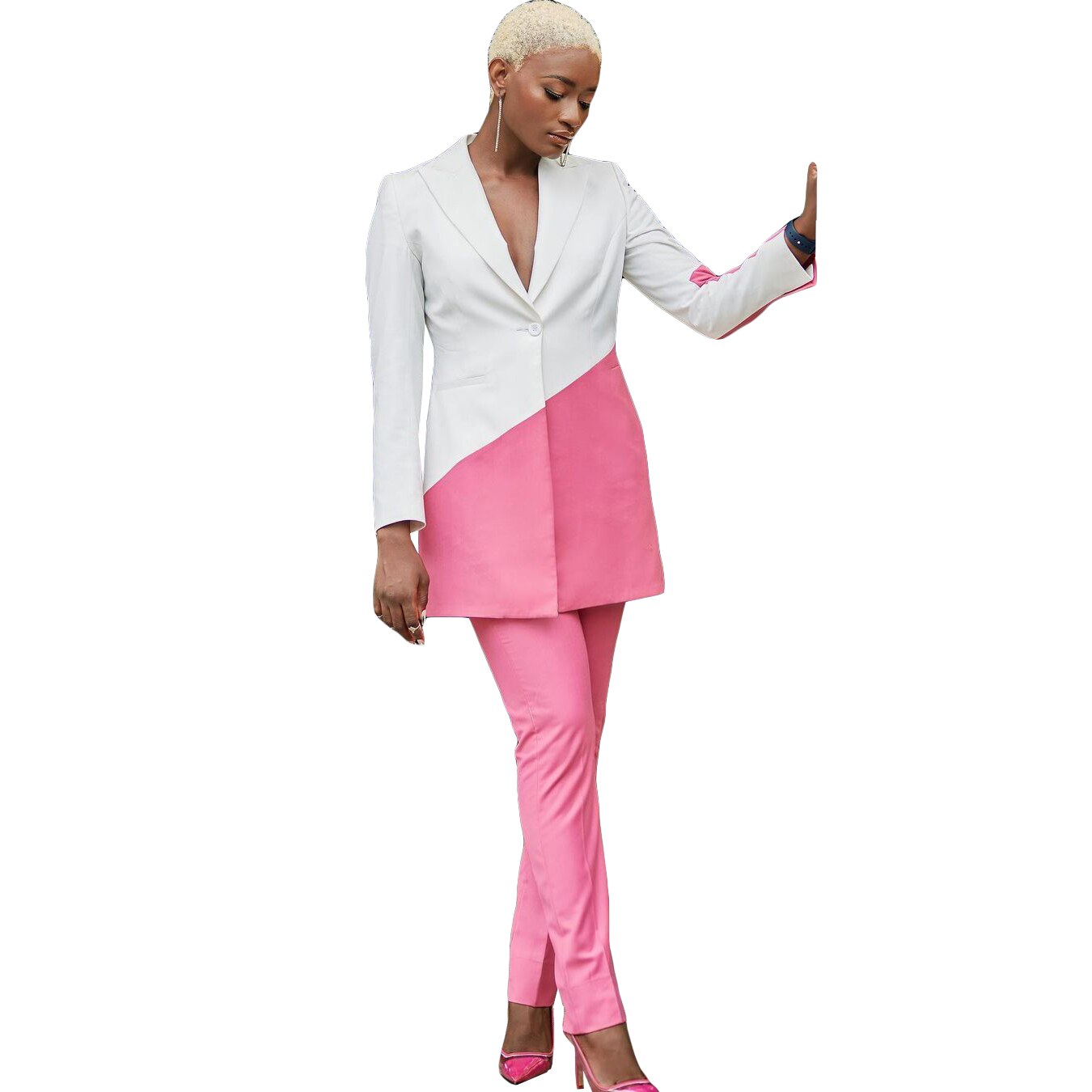 Color Matching Women Pants Suits For Wedding Custom Made White Pink Long Sleeve Evening Wear 2 Pieces