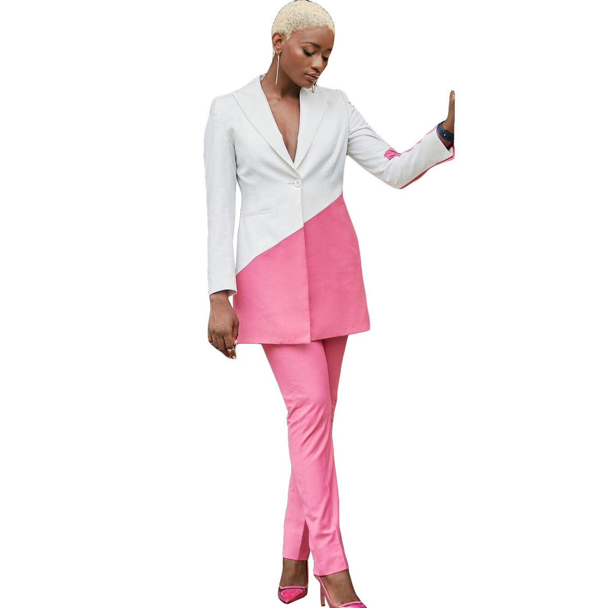 Ensemble 2 pièces pour femme, pantalon et costume de mariage, sur mesure, blanc, rose, manches longues, tenue de soirée 