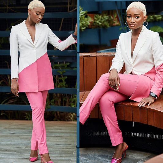 Color Matching Women Pants Suits For Wedding Custom Made White Pink Long Sleeve Evening Wear 2 Pieces