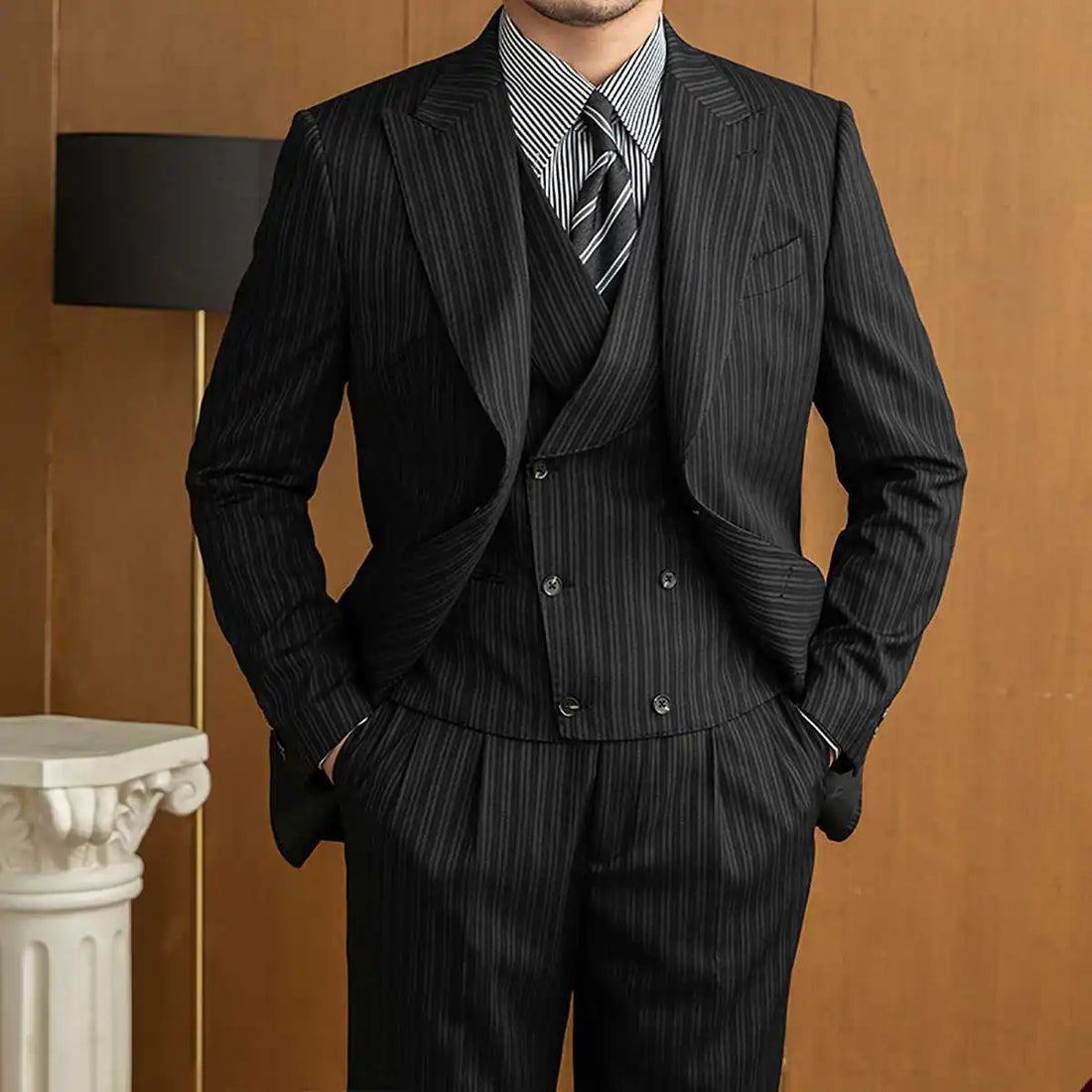 Traje de hombre de 3 piezas, blazer, chaleco, pantalón, cuello de lazo, botonadura sencilla, hebilla, ropa de trabajo, traje de boda de negocios.