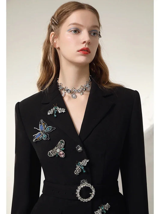 Commuter Black Suit Coat Set New Temperament 3D Butterfly Blazer Coat High Waist Bootcut Trousers Two-Piece Stes