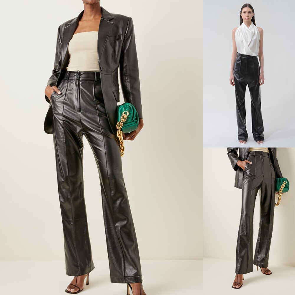Cool Black Leather Women Suit Sets Custom Made Tuxedos Evening Party Slim Blazer Formal Wear For Wedding (Jacket+Pants)