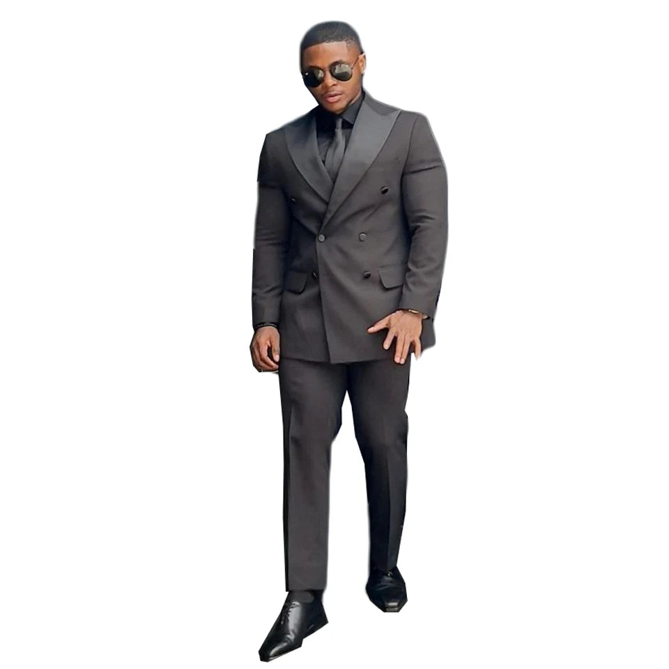 Cool Black Tuxedos For Men Slim Fit 2 Pieces Double Breasted Peaked Lapel Groom Wear Jacket Pants