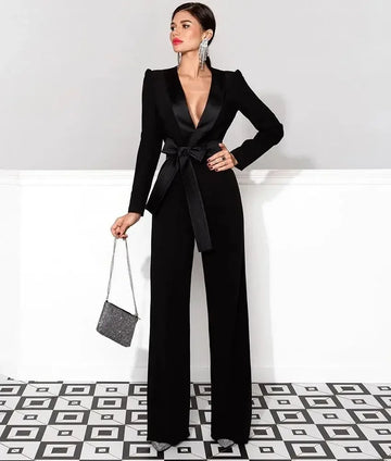 Stylish Black Women's Slim Fit Custom Blazer and Pants Set for Fashion Events and Parties