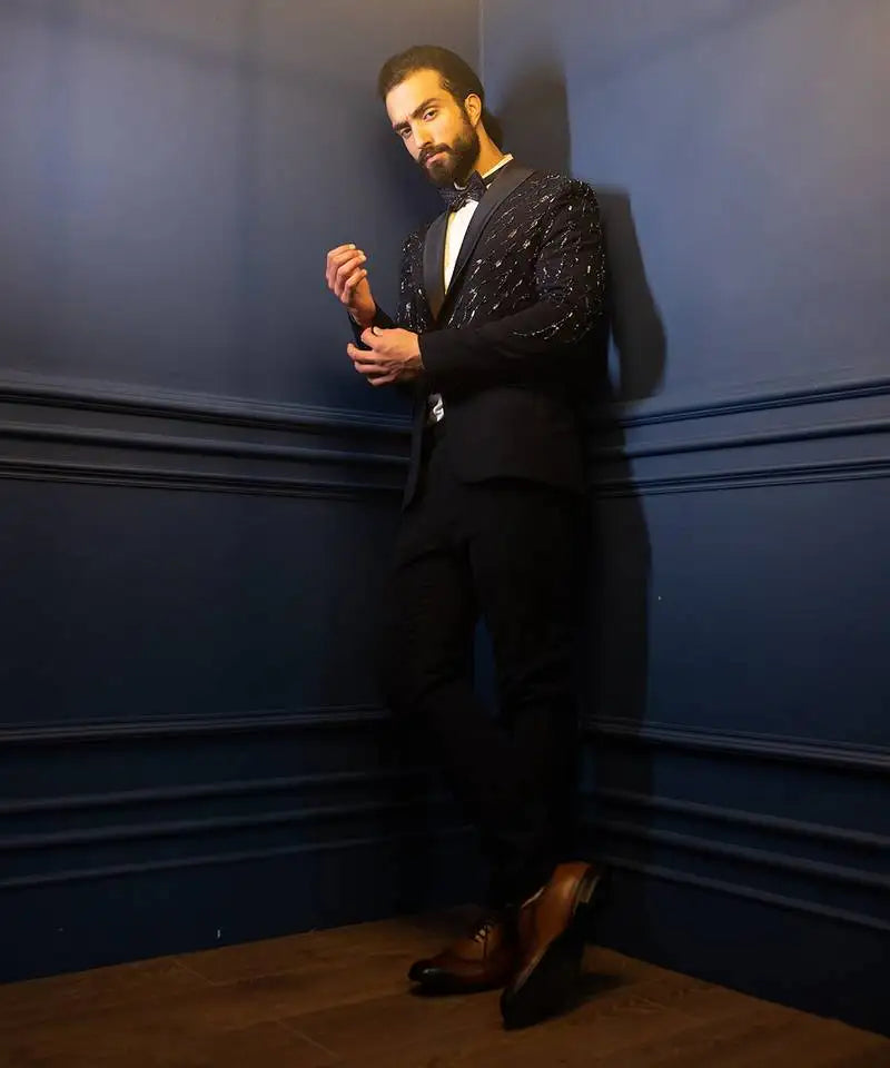 Trajes geniales para hombre, a medida, de 2 piezas, blazer, pantalón, un botón, apliques brillantes, solapa chal, esmoquin de talla grande, hecho a medida para fiesta. 