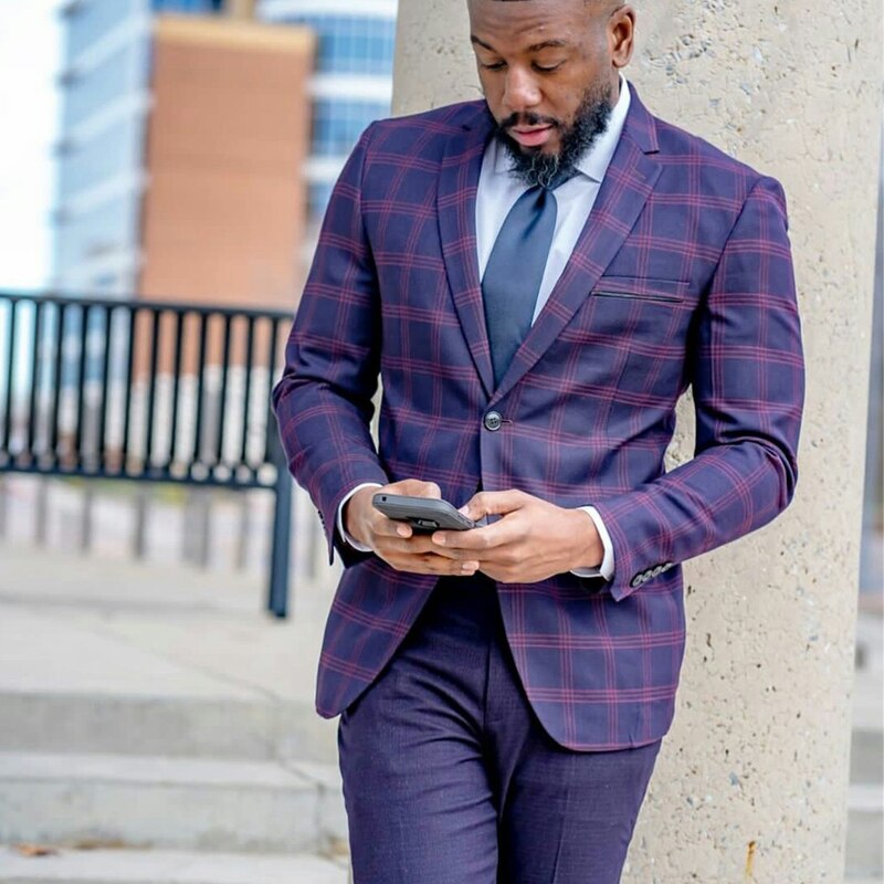 Costume 2 pièces à carreaux violets pour homme, coupe slim, un bouton, pantalon à carreaux, coupe ajustée, pour bal, fête, mariage 