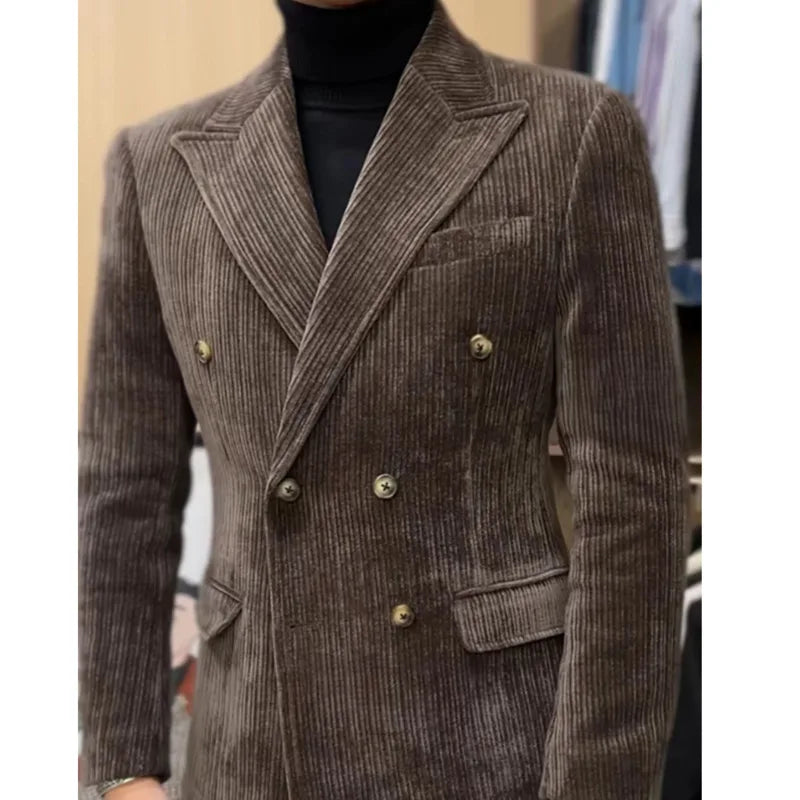 Velours côtelé Double boutonnage rétro Blazer Hombre manteau décontracté mince à manches longues Gentleman costume Blazers Chaquetas Hombre De Vestir 