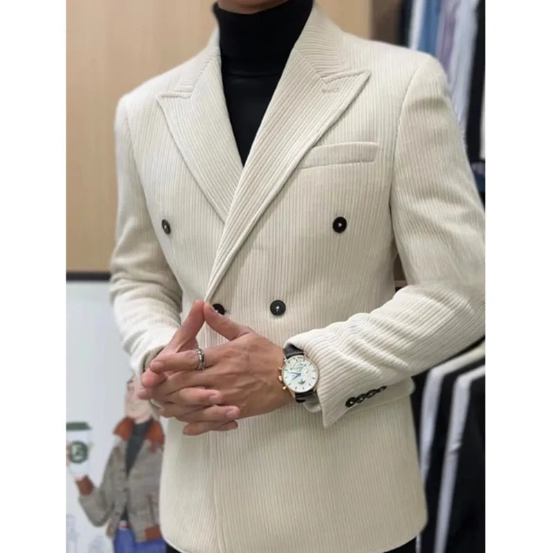 Velours côtelé Double boutonnage rétro Blazer Hombre manteau décontracté mince à manches longues Gentleman costume Blazers Chaquetas Hombre De Vestir 