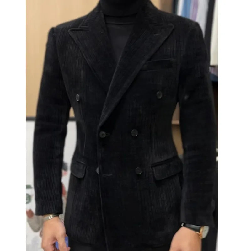 Velours côtelé Double boutonnage rétro Blazer Hombre manteau décontracté mince à manches longues Gentleman costume Blazers Chaquetas Hombre De Vestir 
