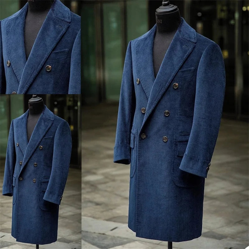 Costumes pour hommes en velours côtelé bleu marine, costumes formels sur mesure pour hommes, smokings croisés, blazer à revers pointus, manteau long d'affaires