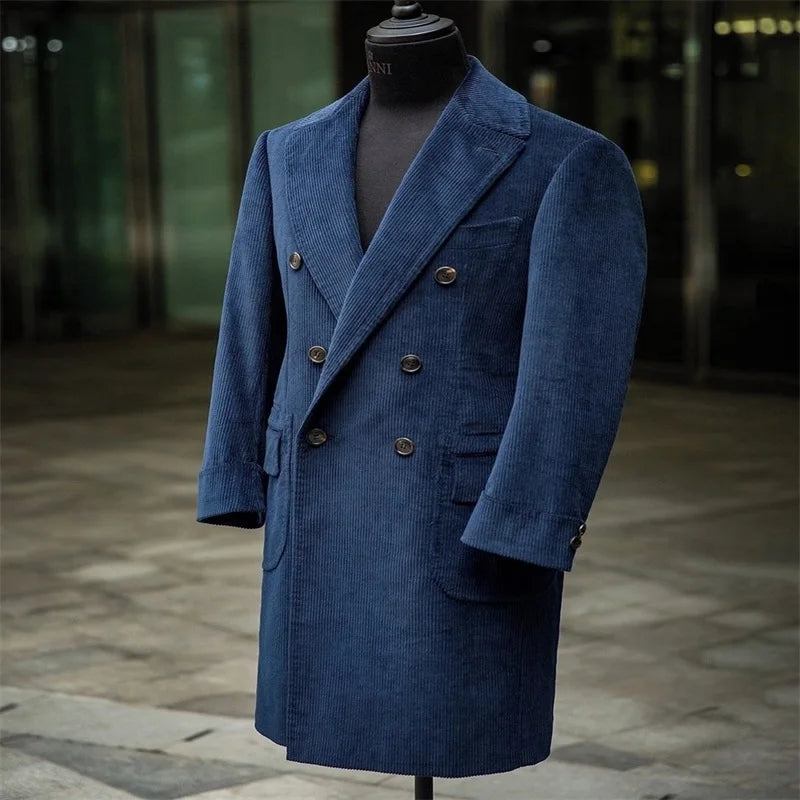 Trajes de pana para hombre, azul marino, trajes formales a medida para hombre, esmoquin cruzado, blazer con solapa de pico, abrigo largo de negocios