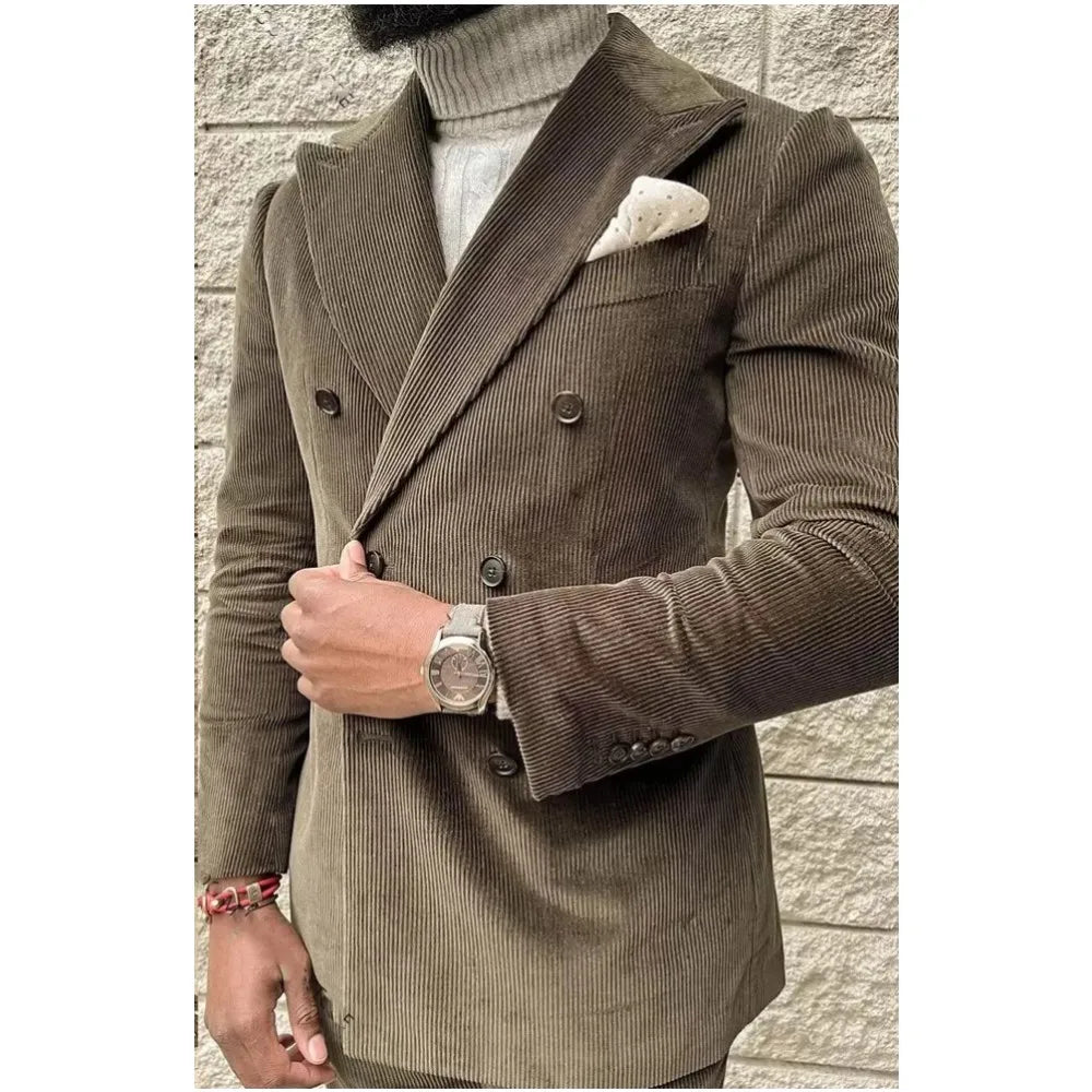 Costume 2 pièces en velours côtelé pour homme, croisé, revers pointus, slim, style rétro, pour mariage, veste et pantalon