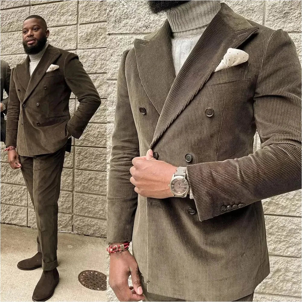 Costume 2 pièces en velours côtelé pour homme, croisé, revers pointus, slim, style rétro, pour mariage, veste et pantalon