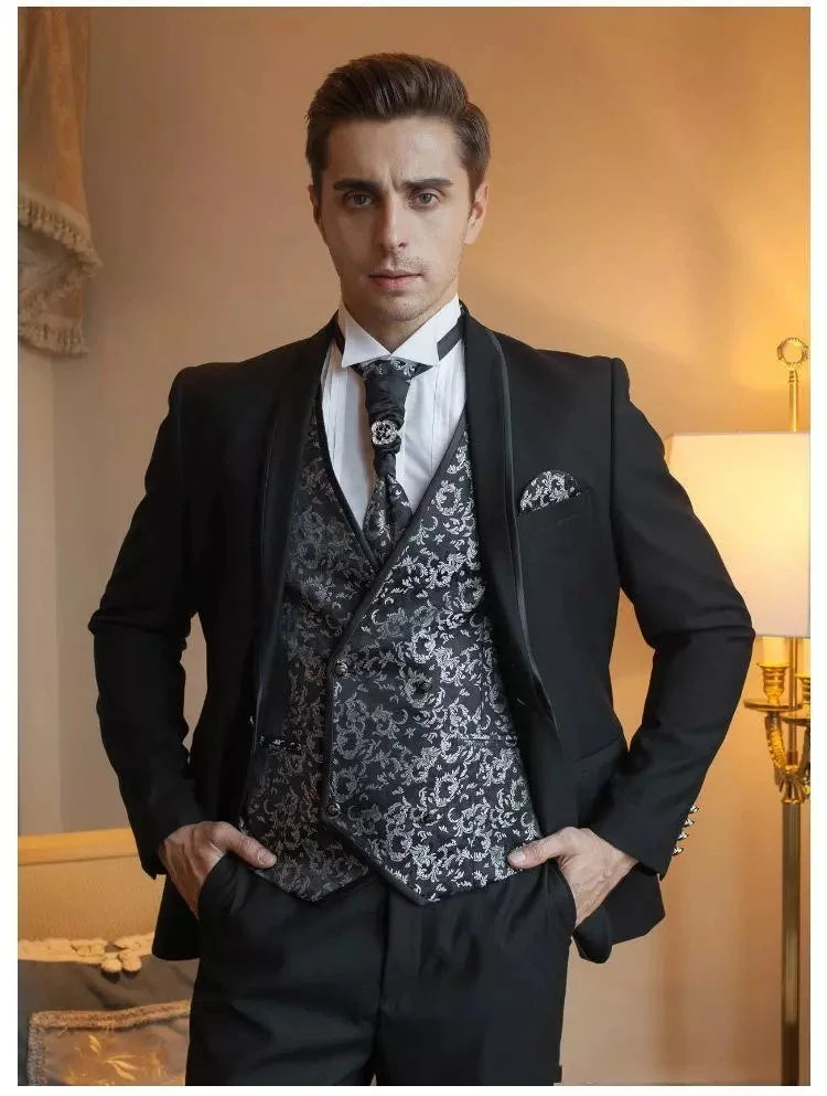 Costume Homme Noir Mariage Hommes Costumes Motif Floral Gilet Marié Smoking Terno Masculino Marié Slim Fit Fête Blazer 3 Pièces