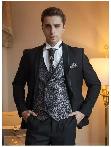 Costume Homme Noir Mariage Hommes Costumes Motif Floral Gilet Marié Smoking Terno Masculino Marié Slim Fit Fête Blazer 3 Pièces