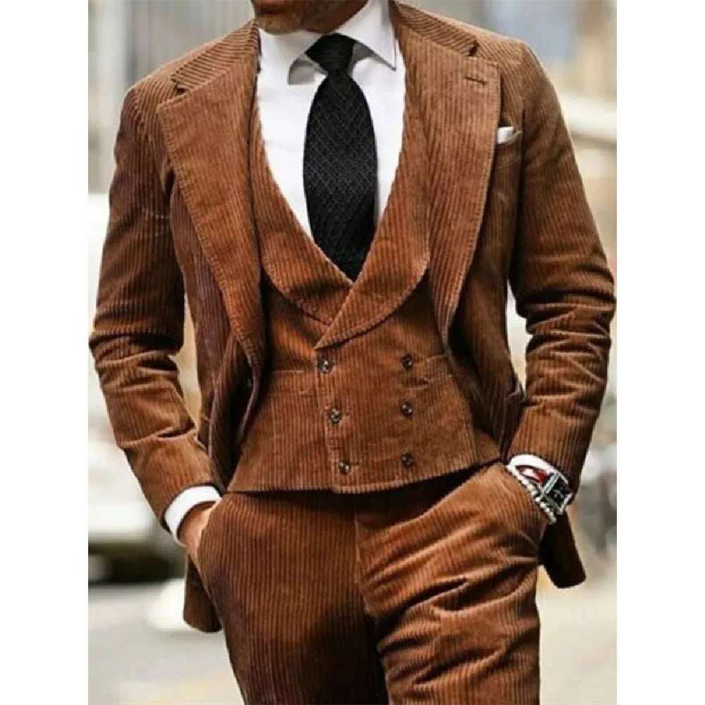 Trajes vintage de pana marrón para hombre, conjunto de 3 piezas a medida, esmoquin personalizado para boda, graduación, chaqueta ajustada, chaleco y pantalones.