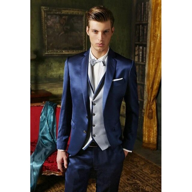 Traje azul marino para hombre, 3 piezas (chaqueta, pantalón, chaleco gris y corbata), diseño de 2 botones, para novio, graduación, corte entallado, blazer y pantalón. 