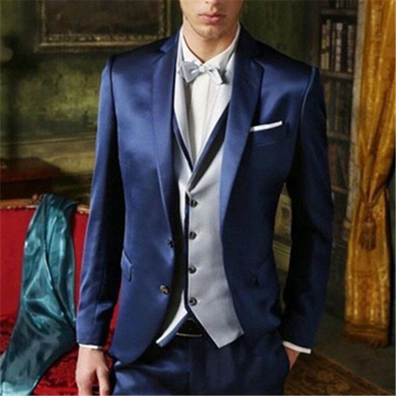 Traje azul marino para hombre, 3 piezas (chaqueta, pantalón, chaleco gris y corbata), diseño de 2 botones, para novio, graduación, corte entallado, blazer y pantalón. 