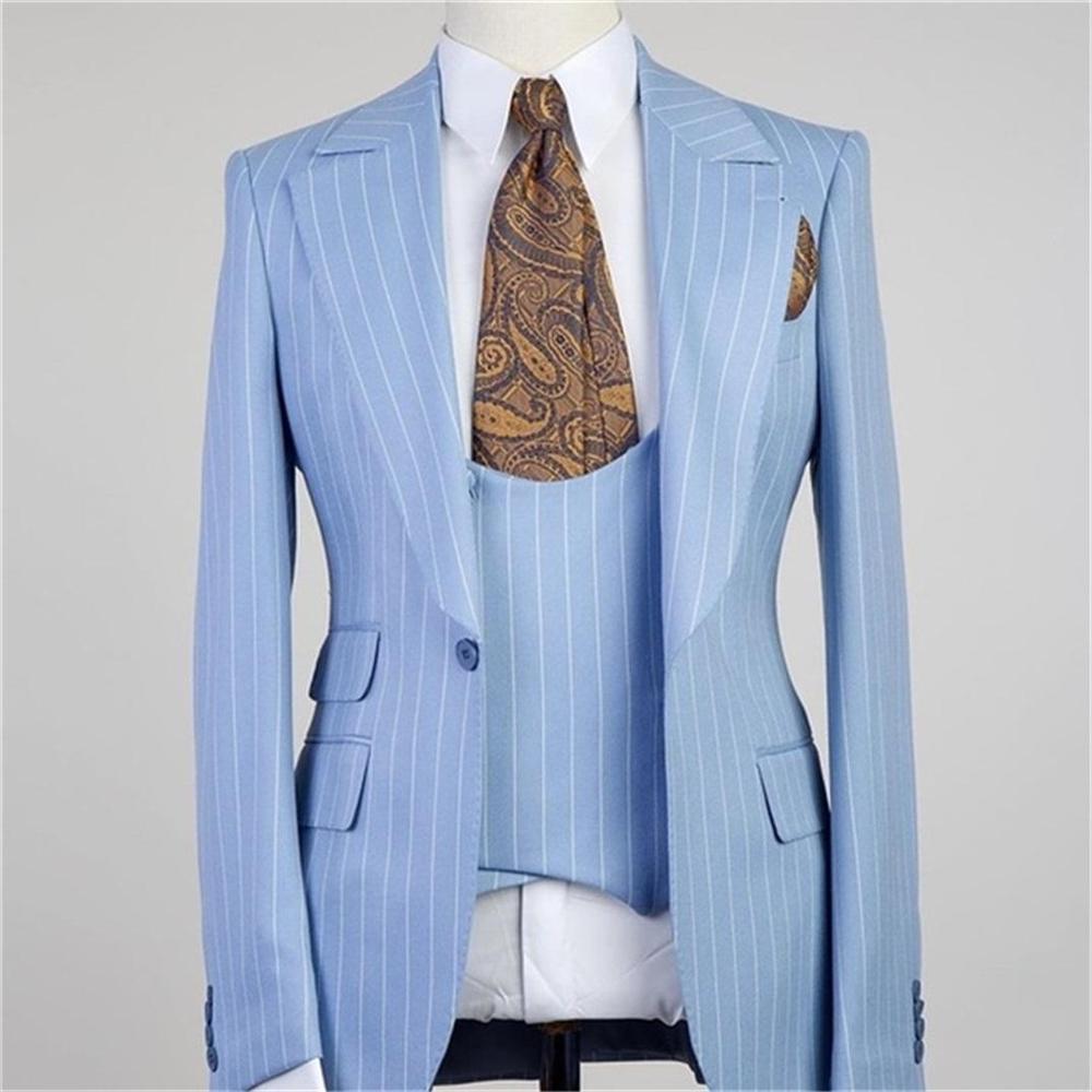 Costume Homme Bleu Clair À Rayures Hommes Costumes 3 Pièces Un Bouton Revers en Pointe Décontracté Marié Mariage Slim Fit Blazer 