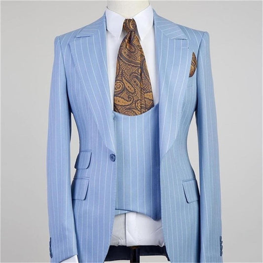 Costume Homme Light Blue Stripe Men Suits 3 Pieces One Button Peak Lapel Casual Groom Wedding  Slim fit Blazer