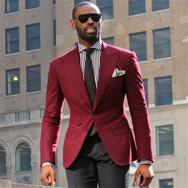 Traje de boda para hombre, color vino, abrigo, traje de 2 piezas (chaqueta, pantalón y corbata), traje de novio entallado, esmoquin, blazer. 