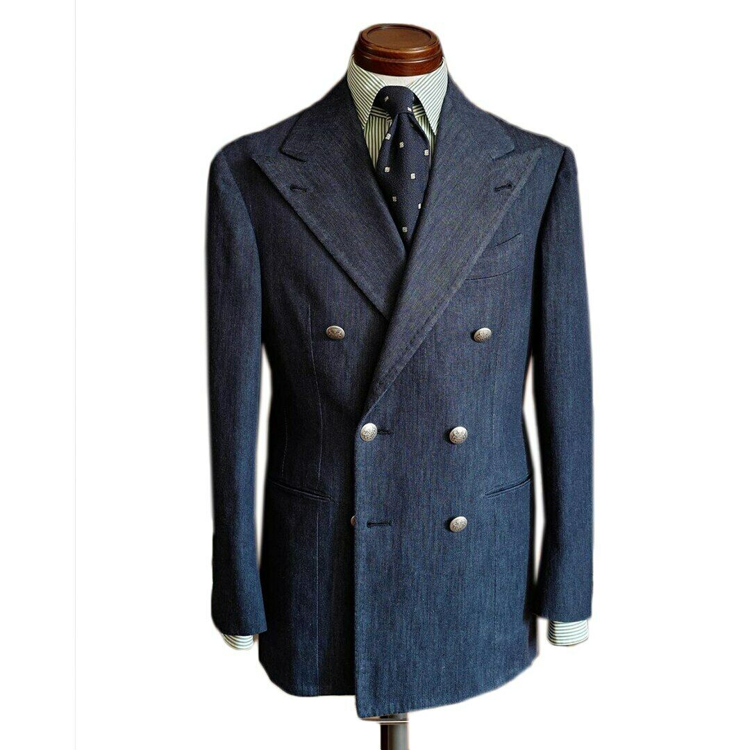 Costume Homme Men Denim Tuxedos Tailor Made Double Braested Peaked Lapel Blazer Casual Business Party Coat Wedding Groom