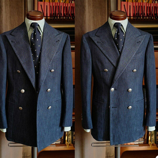 Costume Homme Men Denim Tuxedos Tailor Made Double Braested Peaked Lapel Blazer Casual Business Party Coat Wedding Groom