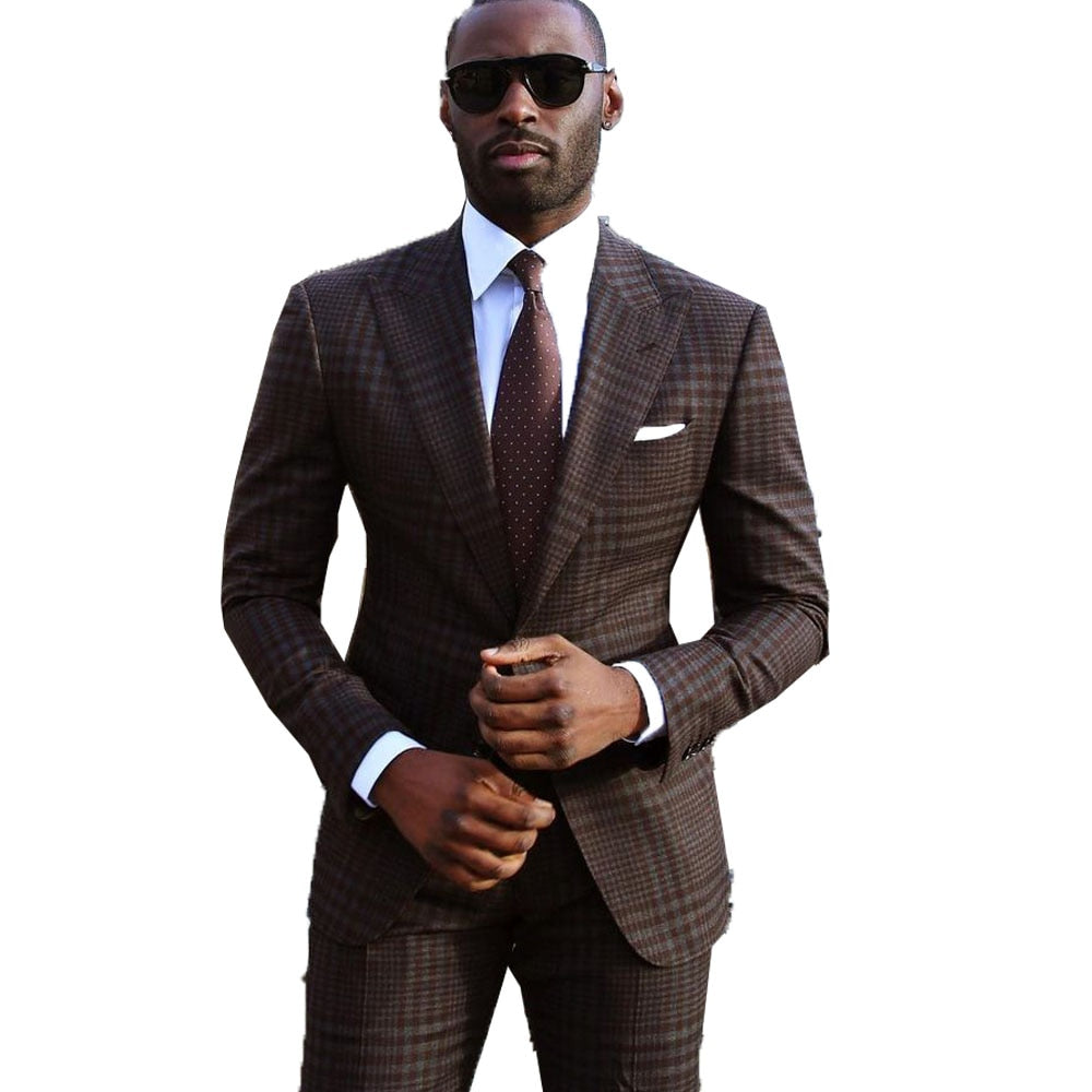 Costume Homme  Men Suits 2 Pieces Damier Checkered Two Buttons Slim Fit Formal Business Wedding Causal Prom